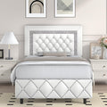 Twin Bed Frame, Faux Leather Platform Bed with Upholstered Diamond Headboard, Mattress Foundation with Strong Wooden Slats Support, No Box Spring Required, Easy Assembly, White