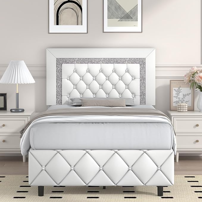 Twin Bed Frame, Faux Leather Platform Bed with Upholstered Diamond Headboard, Mattress Foundation with Strong Wooden Slats Support, No Box Spring Required, Easy Assembly, White