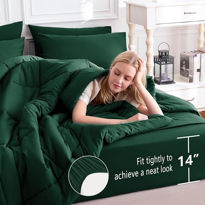 CozyLux King Size Comforter Set Emerald Green, 7 Pieces Bed in a Bag, Green Comforter King Size, All Season Bedding Sets with Stitch Quilted Comforter, Flat Sheet, Fitted Sheet, Pillowcases