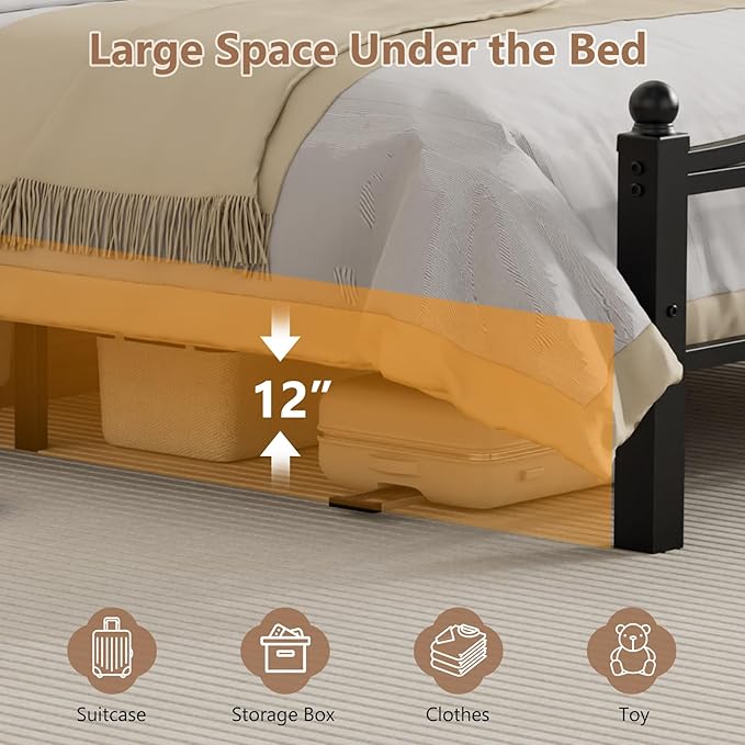 Metal Queen Bed Frames with Headboard, 1500lb No Squeak Metal Platform with Headboard, 12" Underbed Storage, Tool-Free 30-Min Assembly No Box Spring Needed for Dorms/Apartments