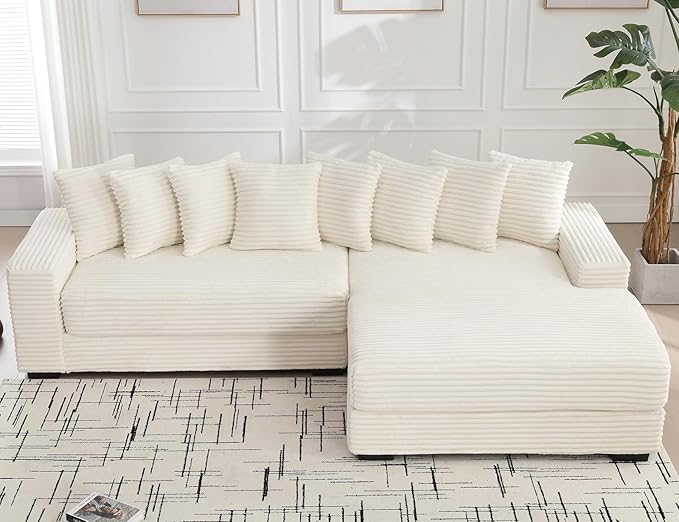 111 Inch Cloud Sectional Couches for Living Room | L-Shaped Sectional Couch with 8 Pillows | Corduroy Couch with Deep Seat | Solid Wood Frame Sofa Beige (Right Facing Chaise)