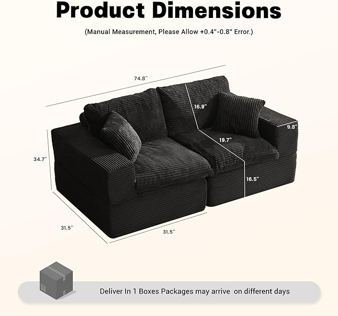 74.8” Set of Cloud Couch, Modular Loveseat Sofa, Convertible Sofas Bed, Deep Seat Sofa, Cozy Sofa for Living Room, Office and Bedroom, Corduroy, Black