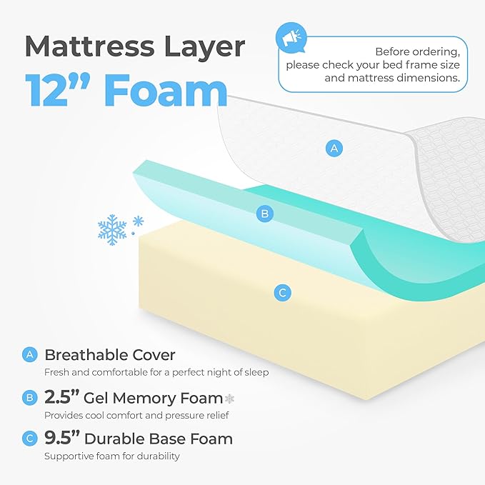 Neo Sleep 12 Inch Twin Cooling Gel Memory Foam Mattress for Cool Sleep Medium Firm Pressure Relieving CertiPUR-US Certified Foam, Comfort & Supportive Mattress in a Box Fiberglass Free (Twin, 12 in)