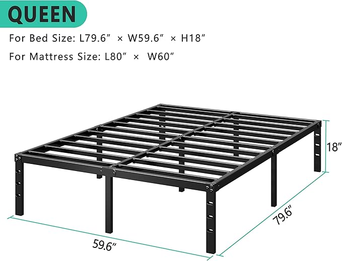 Metal Platform Bed Frame 16 Inch Tall,No Box Spring Needed,Queen Size Bed with Heavy Duty Strong Support Slats,Easy to Assemble,Black
