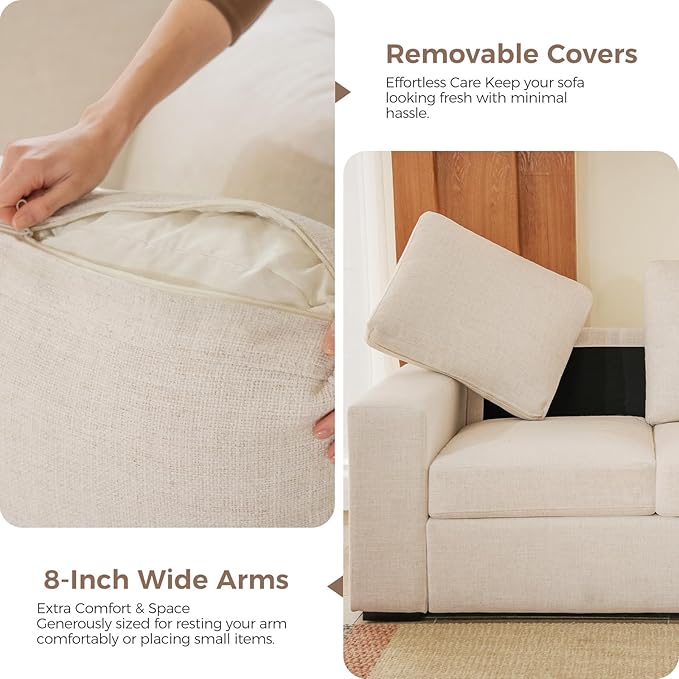 ELUCHANG 85" Modern Couches for Living Room, Natural Linen 3 Seat Sofa, Comfy Deep Seat Sofa, Spring Cushions, Removable Cover, Solid Wood Frame, Easy Assembly Loveseat for Small Space, Beige, 2PCS | Breathable material, Easy to Assemble, Removable Cov...