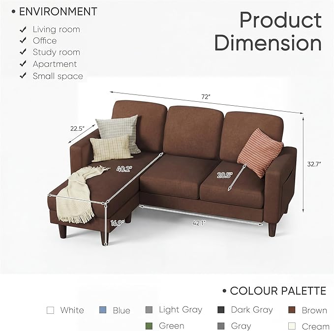 YESHOMY L-Shaped Sofa Couch, Small Couch with Reversible Chaise and Ottoman, Convertible Sectional Comfy 3 Seat Sofas with Side Pockets for Apartment and Living Room (Brown)