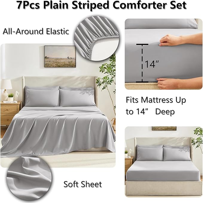 CozyLux Oversized Queen Comforter Sets French Grey, 7 Pieces Bed in a Bag, Ultra-Soft All Season Bedding Sets with Stitch Quilted Comforter, Flat Sheet, Fitted Sheet, Pillowcases