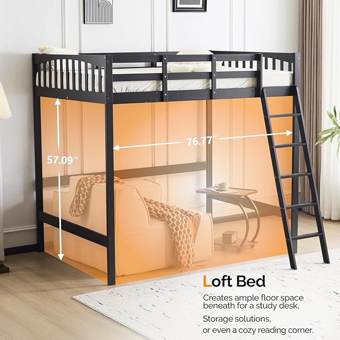 VINGLI Loft Bed Twin Size with USB Charging Station/LED, Solid Wood Single Loft Bunk Bed with Flat Rungs for Kids/Teens/Adults, 15 inches High Guardrail,Wood Slat Support No Box Spring Needed, Black