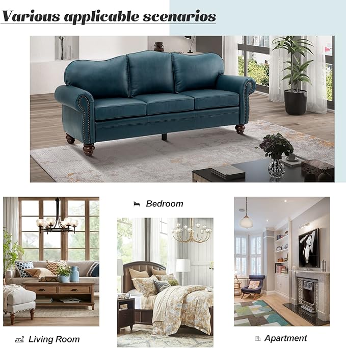 HULALA Home 81'' Genuine Leather Sofa with Nailhead Trim and Rolled Armrests, Mid-Century Modern Living Room 3-Seater Couch, Turquoise Couch with Removable Cushion for Bedroom Apartment