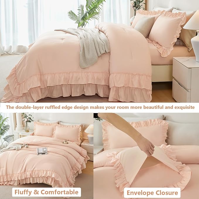 ANGIYUIN Pink Comforter Set Full Size 5 Pieces Double-Layer Ruffled Bed in A Bag with Sheets Soft Farmhouse Shabby Maicrofiber Bedding Set for Girls Women(Pink Full)