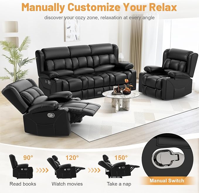 Recliner Sofa Set, Flip Middle Backrest Design PU Leather 3 Seater Reclining Sofa and 2PC Single Recliner Chair, Manual Couches for Living Room (Black, PU 3+1+1)