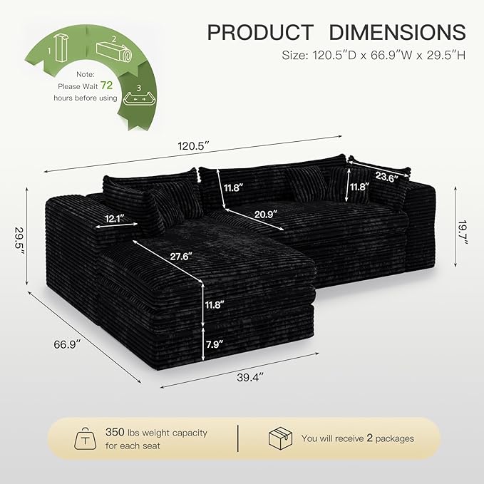 Belffin Plush Corduroy L Shaped Couch with Deep Seat Boneless Modular Sectional Cloud Boneless Couches for Living Room. Left Facing Chaise. Black Sofa