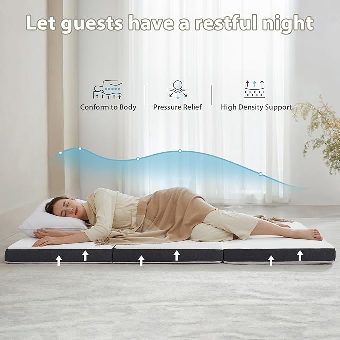 Tri Fold Memory Foam Foldable Mattress Queen, 3 inch Folding Mattress for Guest Sleep. Portable Trifold Mat with Removable Washable Cover, Floor Sleeping Mat for Adult and Kid