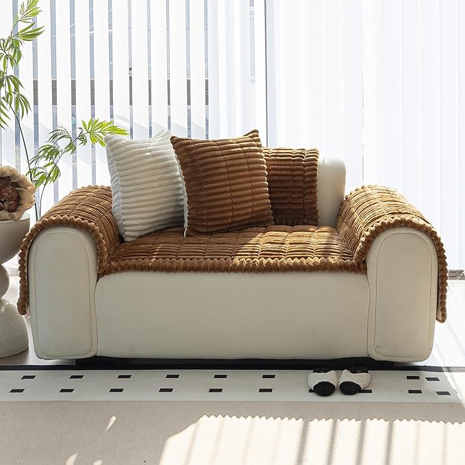 Sofa Couch Cover, Sofa Covers for Dogs Washable, Non-Slip Striped Sofa Slipcovers for Sectional Sofa, Sofa Cover Furniture Protector for L Shaped(Light Brown, 27.6"x 27.6")
