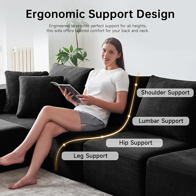 CUGOAO 152'' Oversized 2-in-1 Modular Sectional Sofa Bed, Modern Boneless Couch, Extra Deep Seat Upholstery Cloud Couch, Boneless Couches for Living Room, No Assembly Required, Corduroy Black
