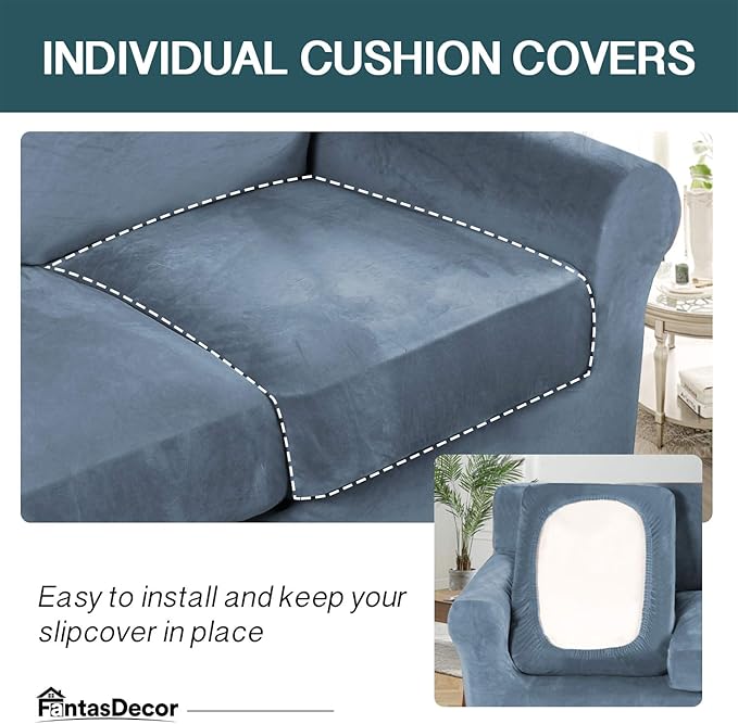 FantasDecor 4 Piece Sofa Velvet Couch Covers for 3 Cushion Stretch Slipcover with Individual Seat Cushion Elastic Furniture Protector for Pets, Machine Washable (Sofa,Stone Blue)