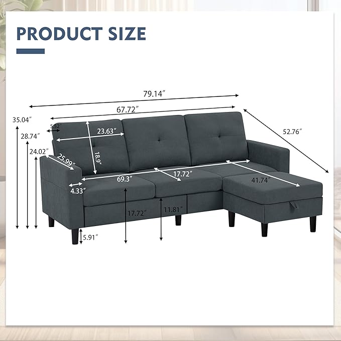 79" Convertible Sectional Sofa, Small L Shaped 3 Seat Couch with Storage Chaise and Side Pocket, Modern Linen Fabric Reversible Sofa Couches for Living Room, Apartment and Small Space