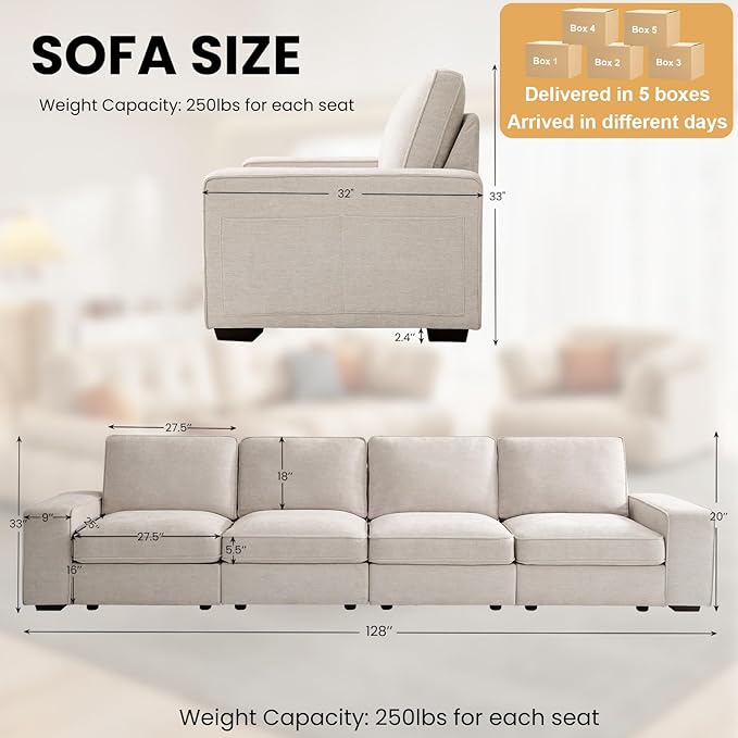 TEKAMON 128" Modular Sofa Couch with Large Seats Storage, Chenille Sofa,Modern Comfy 4-Seater Couch for Living Room, Office, Deep Seat, Wide Armrest, Side Pockets, USB Port, Removable Covers, Beige