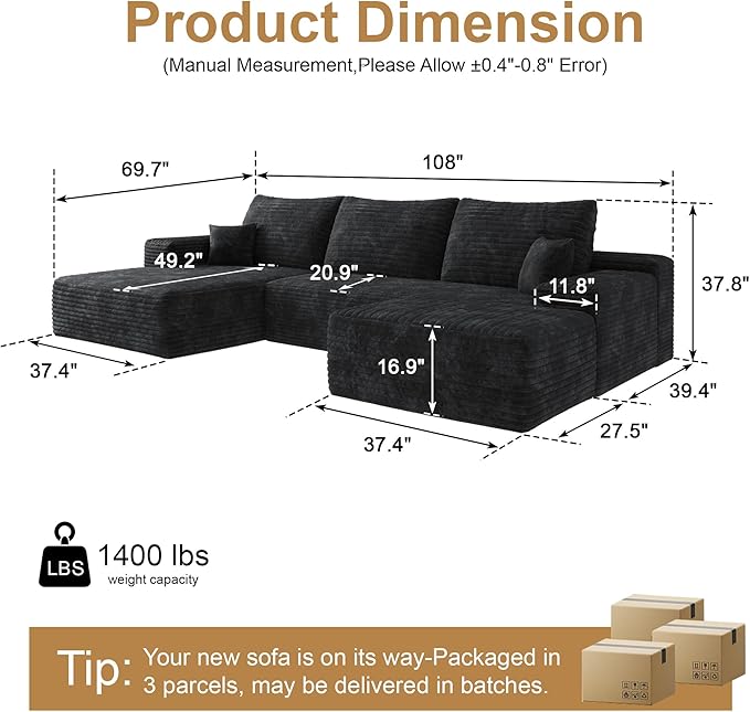 108" Sectional Couches for Living Room Cloud Couch Sofa with L-Shape Upholstered Boneless Couchs Modern Modular Sectional Couch with Chaise (Black, 108" Left Facing Chaise+2Seaters+1Ottoman)