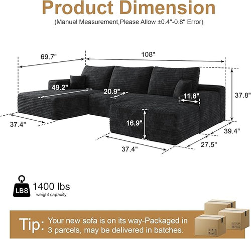 108" Sectional Couches for Living Room Cloud Couch Sofa with L-Shape Upholstered Boneless Couchs Modern Modular Sectional Couch with Chaise (Black, 108" Left Facing Chaise+2Seaters+1Ottoman)