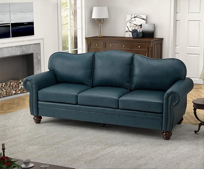 HULALA Home 81'' Genuine Leather Sofa with Nailhead Trim and Rolled Armrests, Mid-Century Modern Living Room 3-Seater Couch, Turquoise Couch with Removable Cushion for Bedroom Apartment