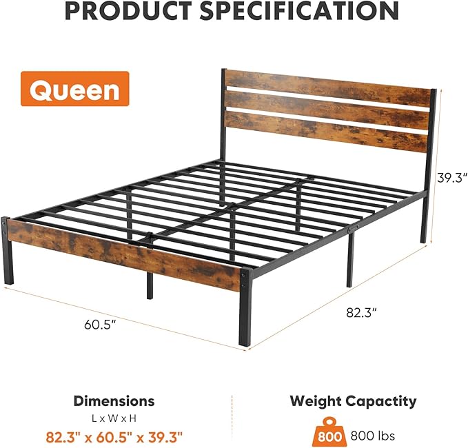 Sweetcrispy Queen Size Bed Frame with Headboard, 800LBS Mattress Foundation with All Sturdy Metal Support, Under Bed Storage, No Box Spring Needed, Easy Assembly, Rust Brown