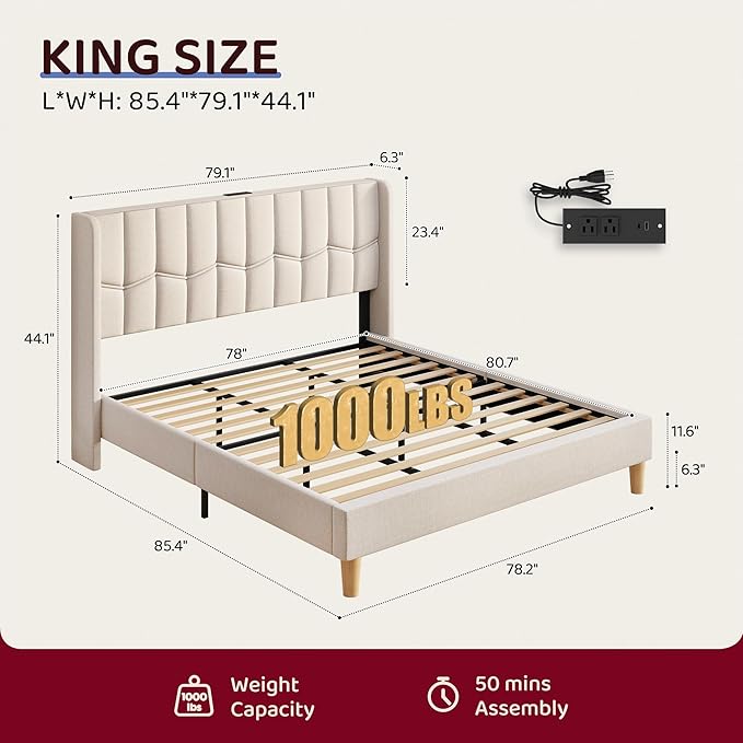 BRELTAM King Upholstered Platform Bed Frame with Linen Headboard & Wing Side, Built-in Charging Station, Wooden Slat Support, Mattress Foundation, No Box Spring Needed, Beige