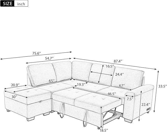 LUMISOL 87.4" Convertible Sectional Sofa with Storage Ottoman, L-Shaped Sleeper Sofa with Pull Out Bed, Storage Arm & USB Ports, Modern Velvet Sofa Couch with Chaise for Living Room, Grey