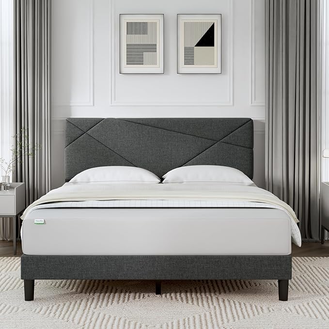 Novilla Queen Bed Frame with Headboard, Linen Upholstered Bed Frame Queen Size, No Box Spring Needed, Heavy Duty Feet, Easy Assembly, Dark Grey