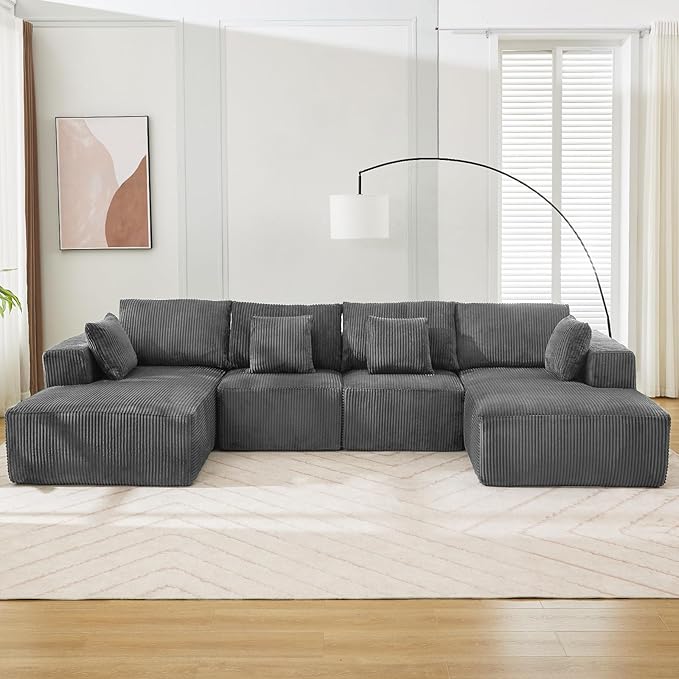 Sectional Cloud Boneless Couch 137" Modern Comfy U-Shaped No Assembly Required Convertible Compression Sleeper Modular Sofa with Corduroy Fabric Deep Seat Single + Chaise for Living Room