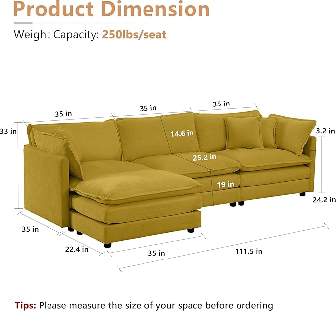 mikibama Modular Sectional Sofa, 111.5 Inch L Shaped Couch Set for Living Room, 3-Seater Comfy Cloud Couches with Movable Ottoman, DIY Combination, Chenille, Yellow