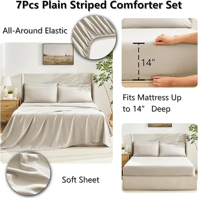 CozyLux Oversized King Comforter Sets Beige, 7 Pieces Bed in a Bag, Ultra-Soft All Season Bedding Sets with Stitch Quilted Comforter, Flat Sheet, Fitted Sheet, Pillowcases