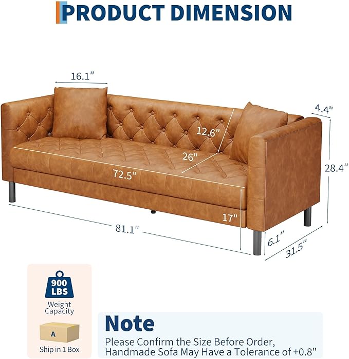 GarveeHome 81" Leather Couch for Living Room, Chesterfield Sofa with Deep Seat, Handmade Button Tufted 3 Seater Sofa, Modern Leather Sofa for Apartment, Office, Cognac Tan