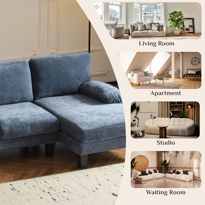 Karl home 111" Sectional Sofa U-Shaped 4-Seat Couch with Chaises Wood Grian Legs Chenille Fabric Upholstered for Living Room, Apartment, Office, Navy Blue