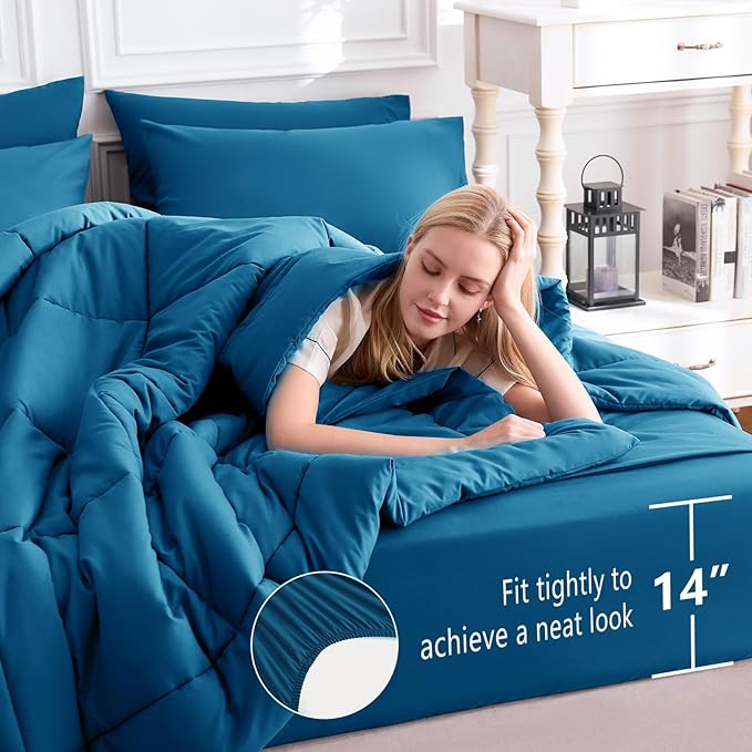 CozyLux Queen Comforter Set Teal, 7 Pieces Bed in a Bag, Teal Comforters Queen Size, All Season Bedding Sets with Stitch Quilted Comforter, Flat Sheet, Fitted Sheet, Pillowcases