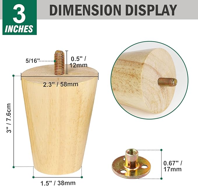 FoDau770 Rubber Wood Furniture Legs 3 Inches, Straight Tapered Wood Feet Mid Century Sofa Legs Set of 4, 5/16" UNC Furniture Feet Replacement Parts for Cabinet Couch Dresser Chair Ottoman Table