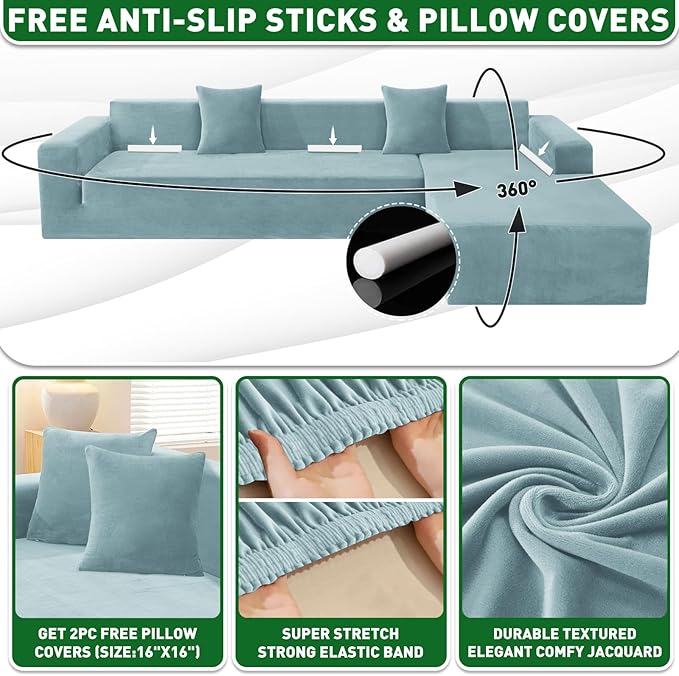 ZNSAYOTX 2026 Soft Velvet Sectional Couch Covers, Luxury Plush Slipcovers with Elastic Bottom for L Shape Sectional Sofa, 2 Pcs Pet Friendly Protector (3 Seat Couch + 2 Seat Chaise, Stone Blue)