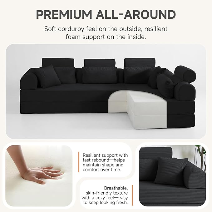 Boneless Sectional for Small Spaces, 106” L Shaped Couch from Two 70.87” Modules, Reconfigures to 141.7” Straight Sofa, Corduroy Compressed Couch in a Box with Headrest Back Pillows, Black