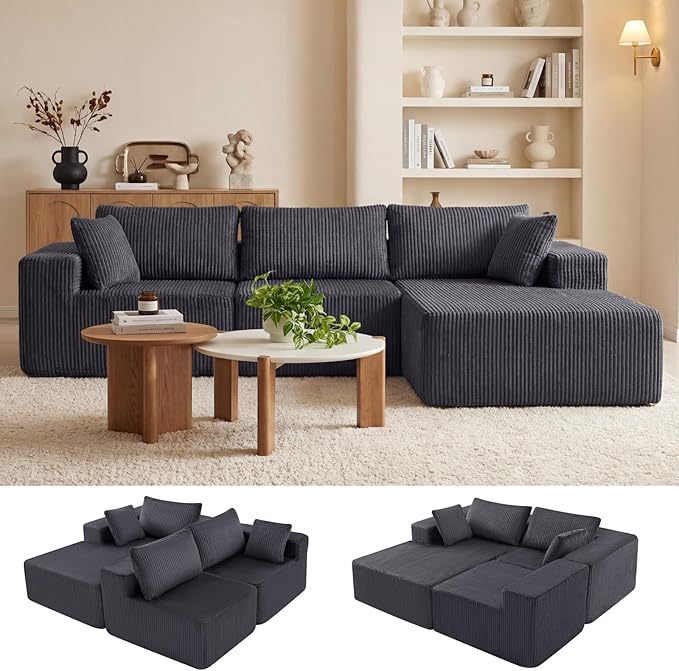 DUMOS 108” Modular Sectional Sofa, Cloud Sectional Couch with Deep Seat, Modern Modular L-Shape Sofa Couch with Chaise,Upholstered Boneless Couches for Living Room Bedroom (Grey,Right Facing Chaise)