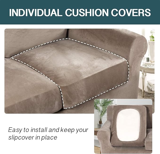 FantasDecor 3 Piece Sofa Covers Velvet for 2 Cushion Couch Stretch Loveseat Slipcover with Individual Seat Elastic Furniture Protector for Pets (Sofa, Taupe)