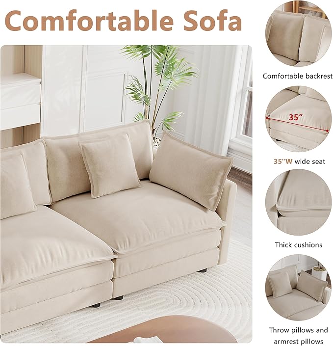 mikibama Modular Sectional Sofa, 111.5 Inch L Shaped Couch Set for Living Room, 3-Seater Comfy Cloud Couches with Movable Ottoman, DIY Combination, Chenille, Light Coffee