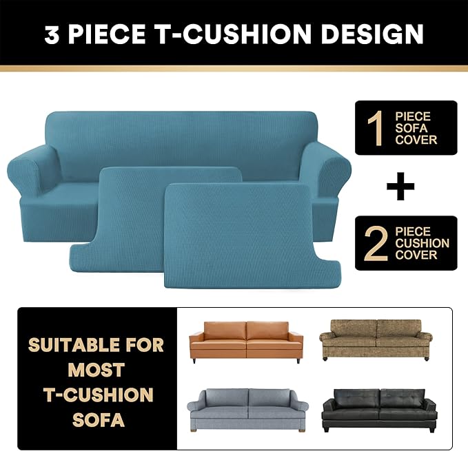 PrinceDeco T Cushion Sofa Slipcover 3 Pieces Sofa Covers for T Cushion Couch Soft Couch Covers Sofa Slip Cover Furniture Covers with 2 Individual T Shape Seat Covers (70"-88"), Storm Blue