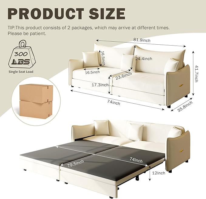 KEIKI 81.9" King Pull Out Sofa Bed, 3-in-1 Convertible Sleeper Sofa for Small Spaces, Modern Velvet 3-Seater Couch with Golden Accents, Space-Saving Solution for Apartments and Living Rooms