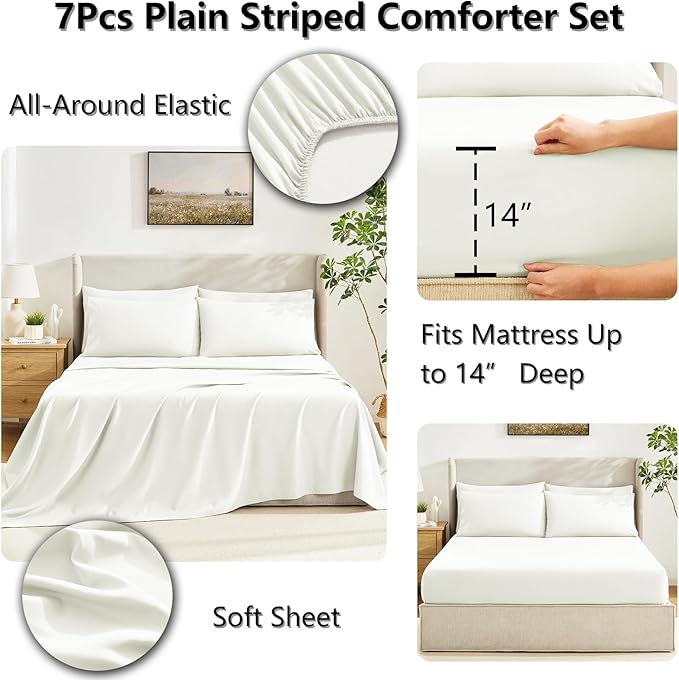 CozyLux Queen Comforter Set Ivory - 7 Pieces Bed in a Bag, Ivory Comforters Queen Size, Bedding Sets with All Season Quilted Comforter, Flat Sheet, Fitted Sheet, Pillowcases