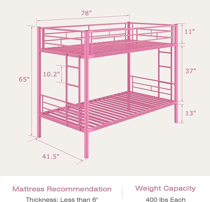 VECELO Bunk Bed Twin Over Twin, Metal Bunkbeds with Ladder and Full-Length Guardrail, No Box Spring Needed, Space Saving, Noise Free, Light Pink