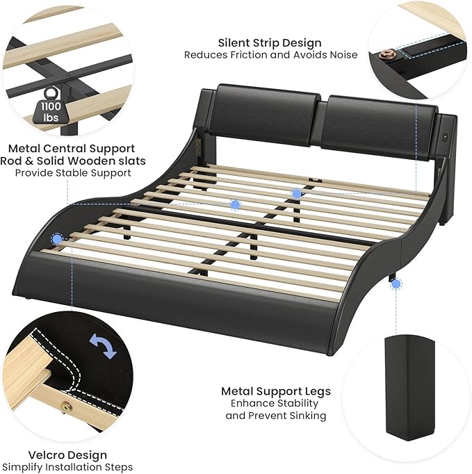 DICTAC California King Bed Frame with Led Lights and USB & Type-c Ports Modern Cali King Bed Frame with Headboard Faux Leather Wave Like Curve Low Profile Platform Bed Frame,No Box Spring Needed,Black
