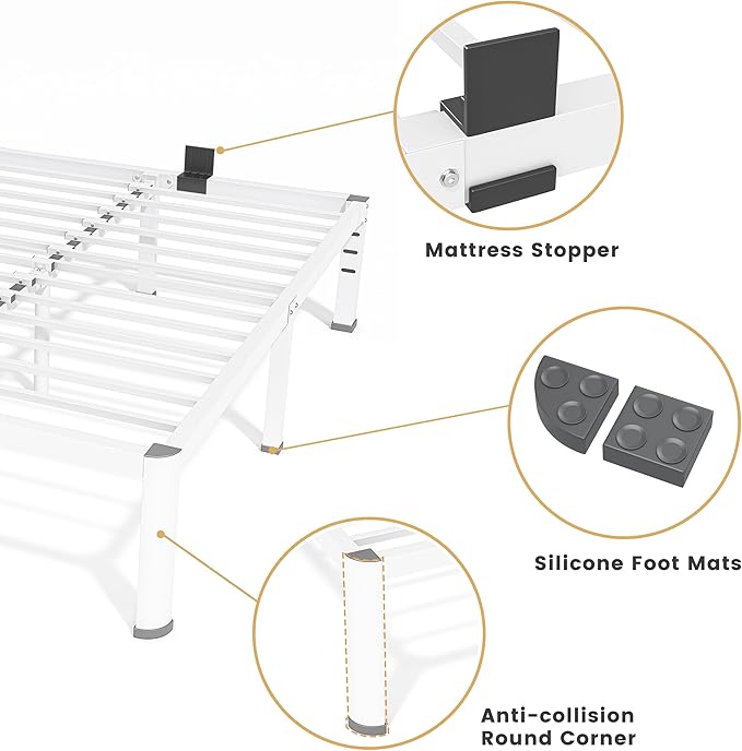 14 Inch King Bed Frame, Metal Platform Bed Frame with Round Corner Legs, 3500 lbs Heavy Duty Steel Slats Support, No Box Spring Needed, Noise Free, Easy Assembly, White