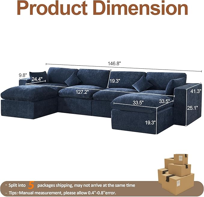 146''Cloud Boneless Sectional Couch, Modular Sectional Sofa Deep Seat with 2 Ottomans, Oversized Upholstered Convertible Comfy 6 Seater Chenille Sofa U Shape Couches for Living Room, Navy
