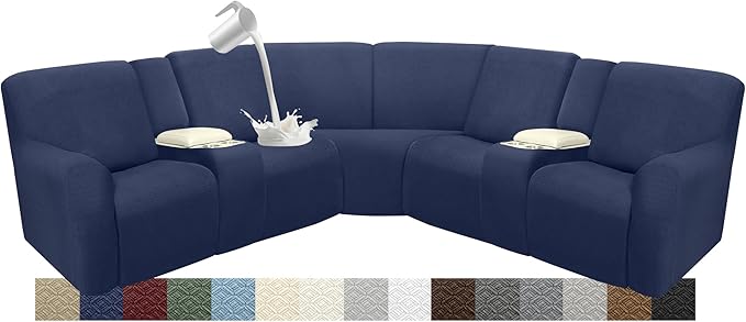 Waterproof Reclining Sectional Couch Covers Washable L Shaped Couch Cover for Sectionals Recliner Sofa Covers Stretch Corner Recliner Slipcovers(5 Seater 2 Console Cover, Navy Blue)