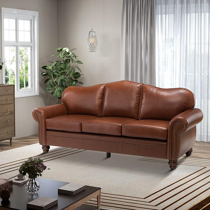 HULALA Home 81'' Genuine Leather Sofa with Nailhead Trim and Rolled Armrests, Mid-Century Modern Living Room 3-Seater Couch, Brown Couch with Removable Cushion for Bedroom Apartment